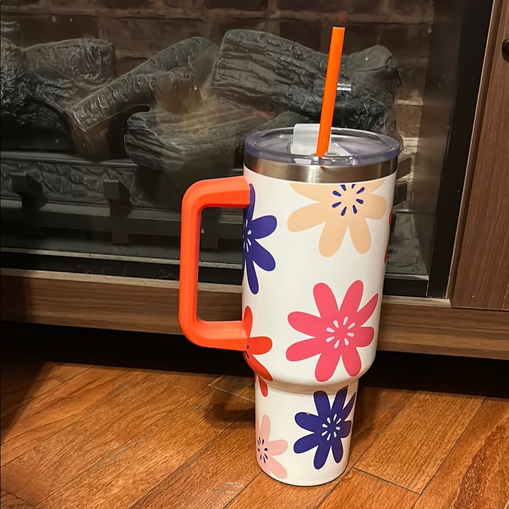 Floral Insulated Tumbler with Orange Handle